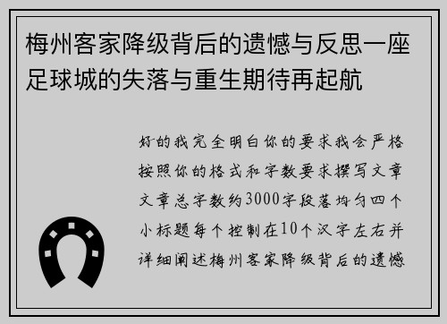 梅州客家降级背后的遗憾与反思一座足球城的失落与重生期待再起航
